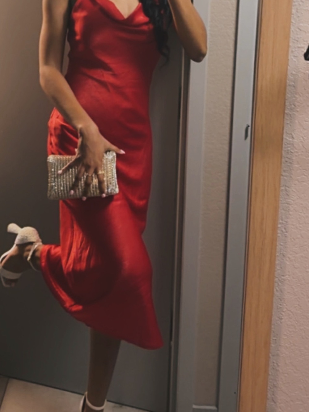 Red Satin Slip Midi Dress - Sleek Women's Evening Dress